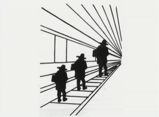 Three men in linear perspective